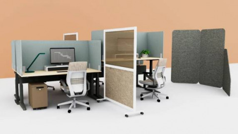 Flex acoustical screens, desk mounted screens, and a movable markerboard provide added seperation.